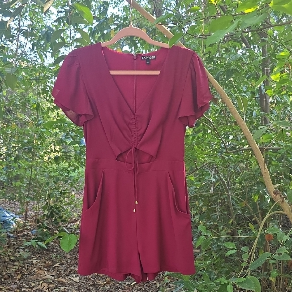 Express Red Burgundy Romper Back Zipper Short Flutter Sleeves Lining Cut Out 4